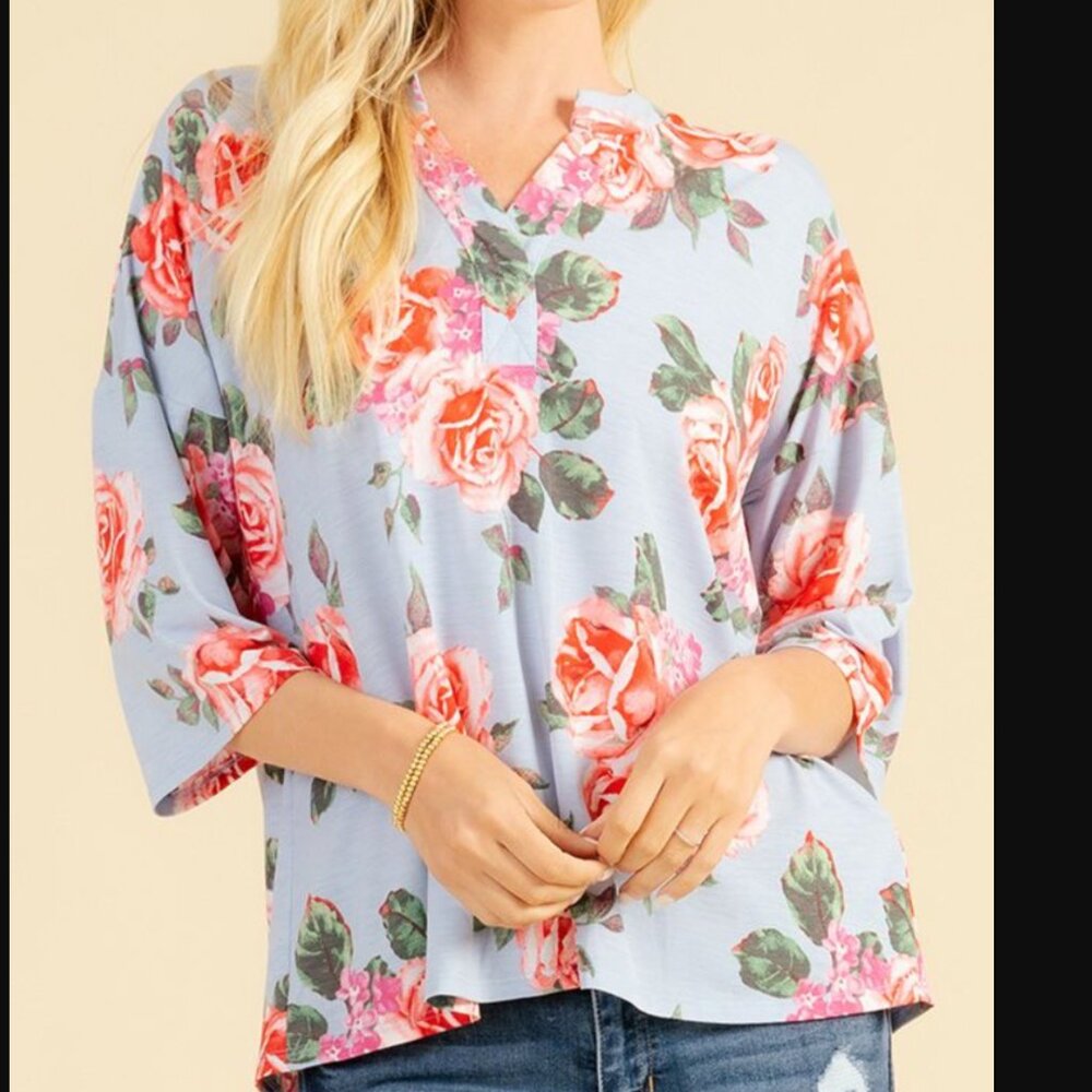 Blue & Red Floral Half Sleeve Top